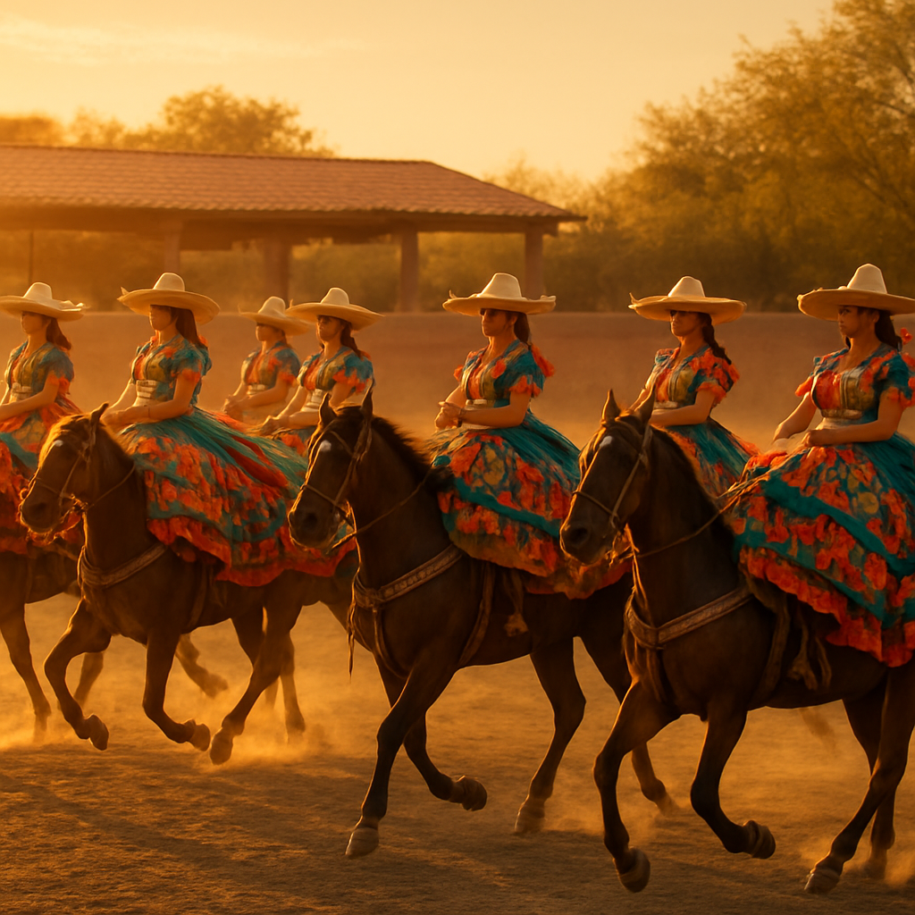 Escaramuza charra — mujeres a caballo en formación sincronizada